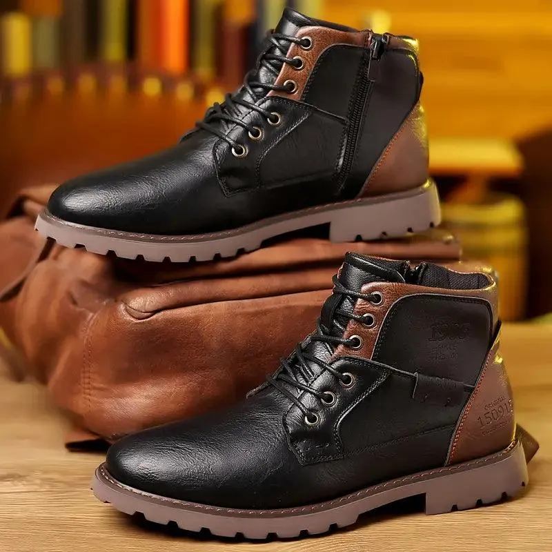 Mens Leather Boots  Lace-Up Ankle Design  Side Zipper  Durable Rubber Sole
