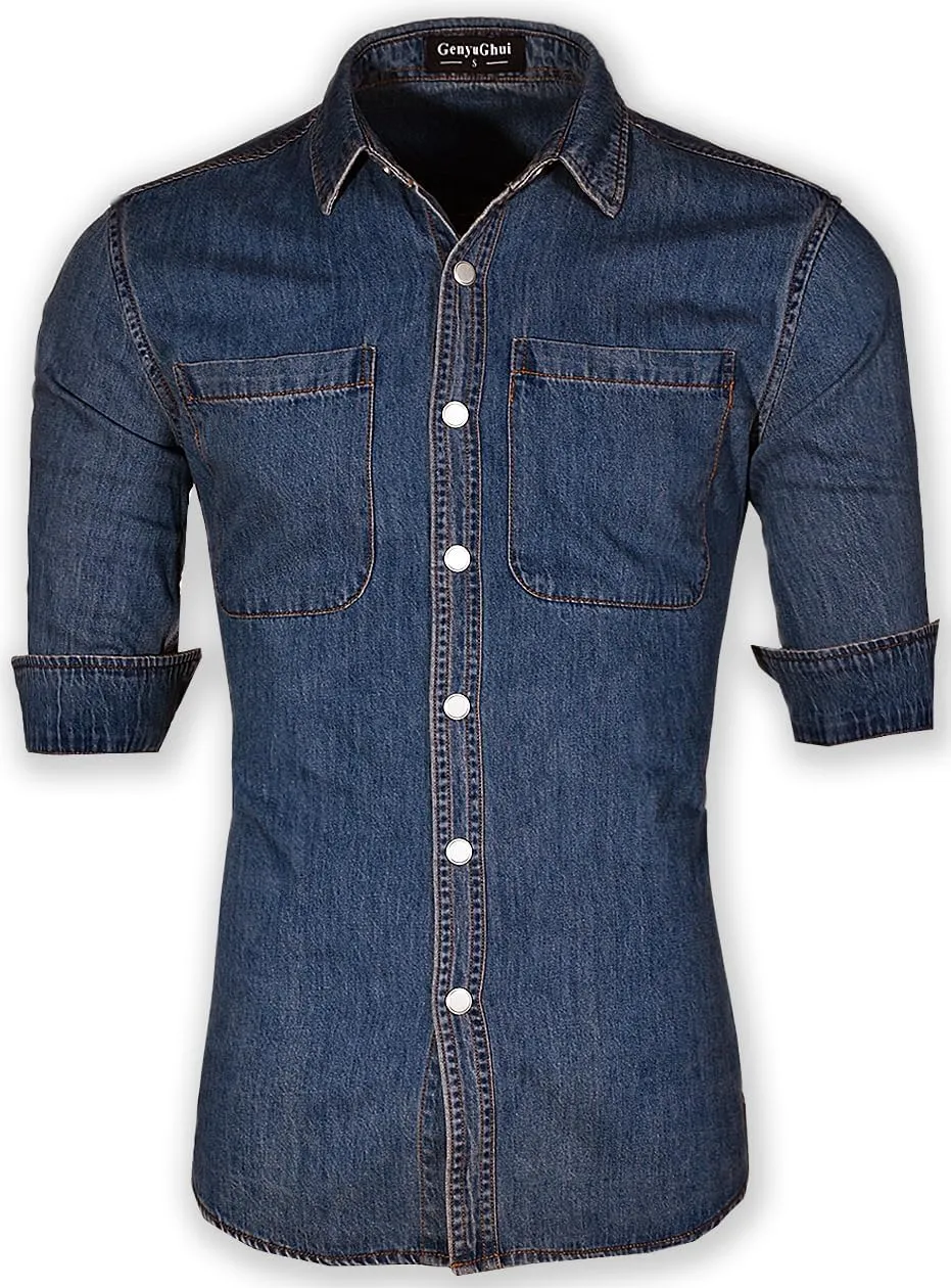 Men's Long Sleeve Slim-Fit Snap Denim Work Shirt