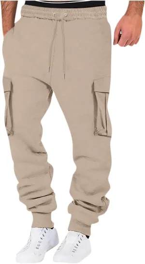 Mens Outdoor Hiking Cargo Pants Leisure Loose Sports Running Solid Color Lace Up Cargo Pants Men's Cargo Tactical