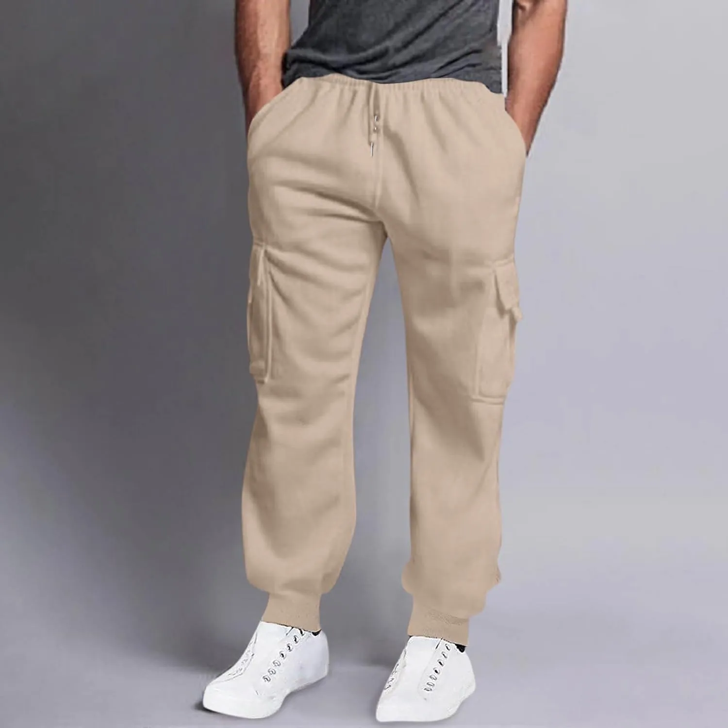 Mens Outdoor Hiking Cargo Pants Leisure Loose Sports Running Solid Color Lace Up Cargo Pants Men's Cargo Tactical
