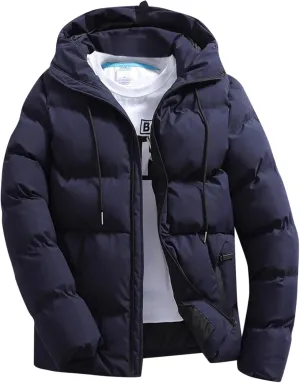 Mens Puffer Jacket Plus Size Winter Warm Thickened Hooded Down Coat with Drawstring Lightweight Packable Hunting Top