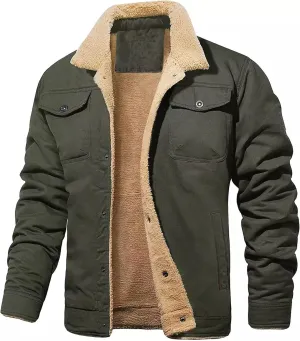 Men's Sherpa Jacket, Lined Sherpa Jacket Warm Trucker Coat Turn-Down Collar Cargo Jacket Men's Winter Jacket