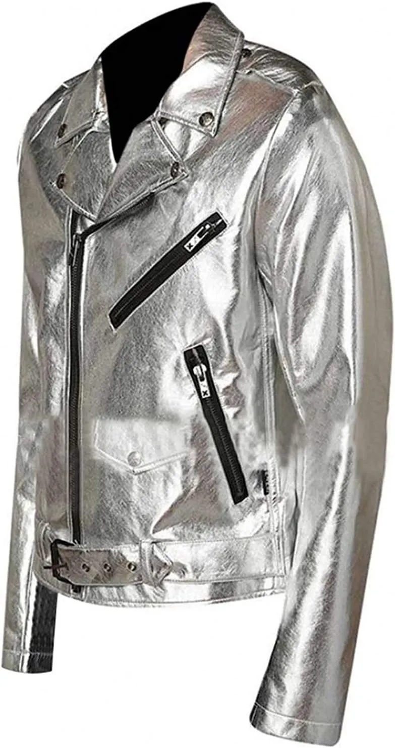 Men's Silver Shiny Brando Motorcycle Belted Biker Synthetic Leather Jacket