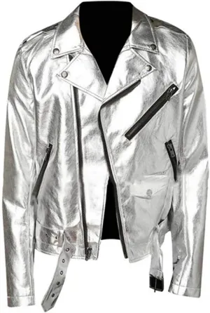 Men's Silver Shiny Brando Motorcycle Belted Biker Synthetic Leather Jacket