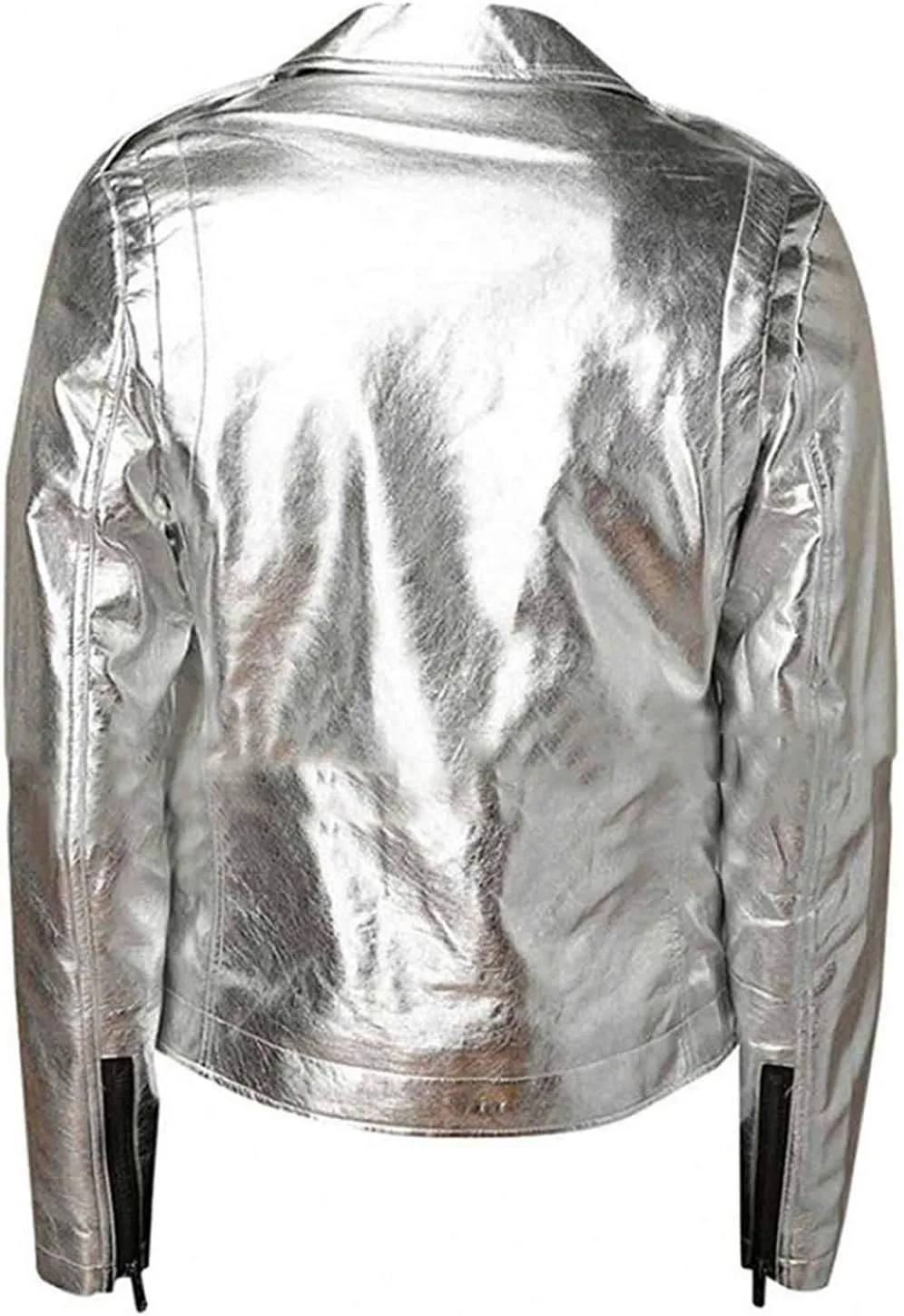 Men's Silver Shiny Brando Motorcycle Belted Biker Synthetic Leather Jacket