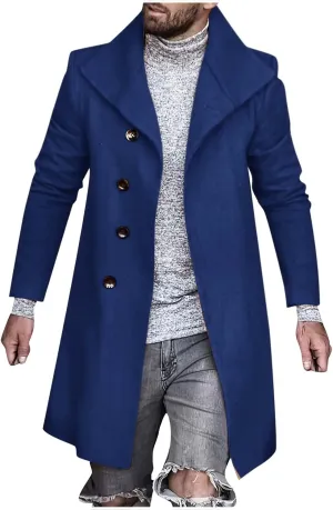 Men's Single Breasted Trench Coat Slim Fit Lapel Cardigan Coat Winter Warm Business Casual Long Jacket Overcoat