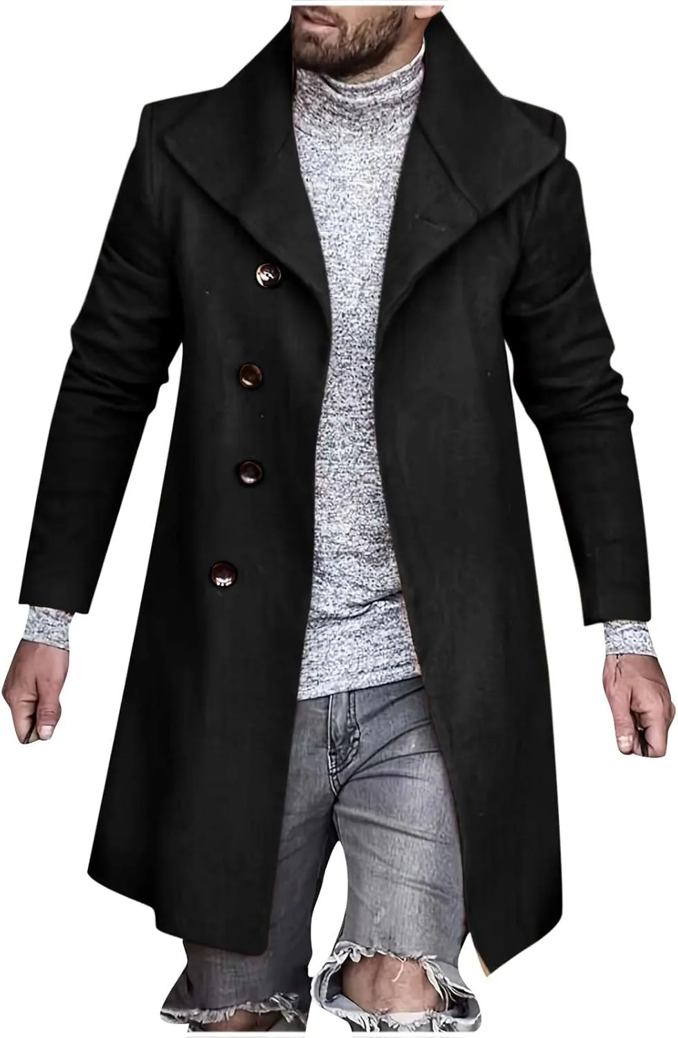 Men's Single Breasted Trench Coat Slim Fit Lapel Cardigan Coat Winter Warm Business Casual Long Jacket Overcoat