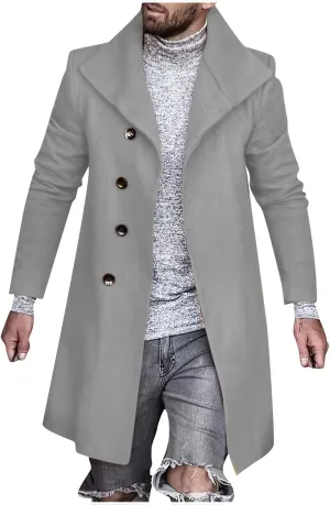 Men's Single Breasted Trench Coat Slim Fit Lapel Cardigan Coat Winter Warm Business Casual Long Jacket Overcoat