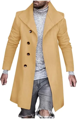 Men's Single Breasted Trench Coat Slim Fit Lapel Cardigan Coat Winter Warm Business Casual Long Jacket Overcoat