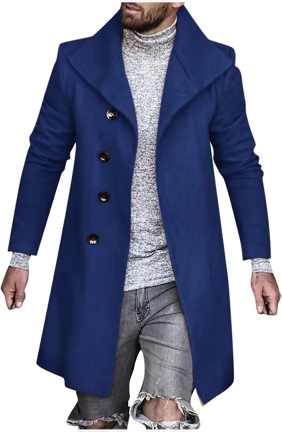 Men's Single Breasted Trench Coat Slim Fit Lapel Cardigan Coat Winter Warm Business Casual Long Jacket Overcoat