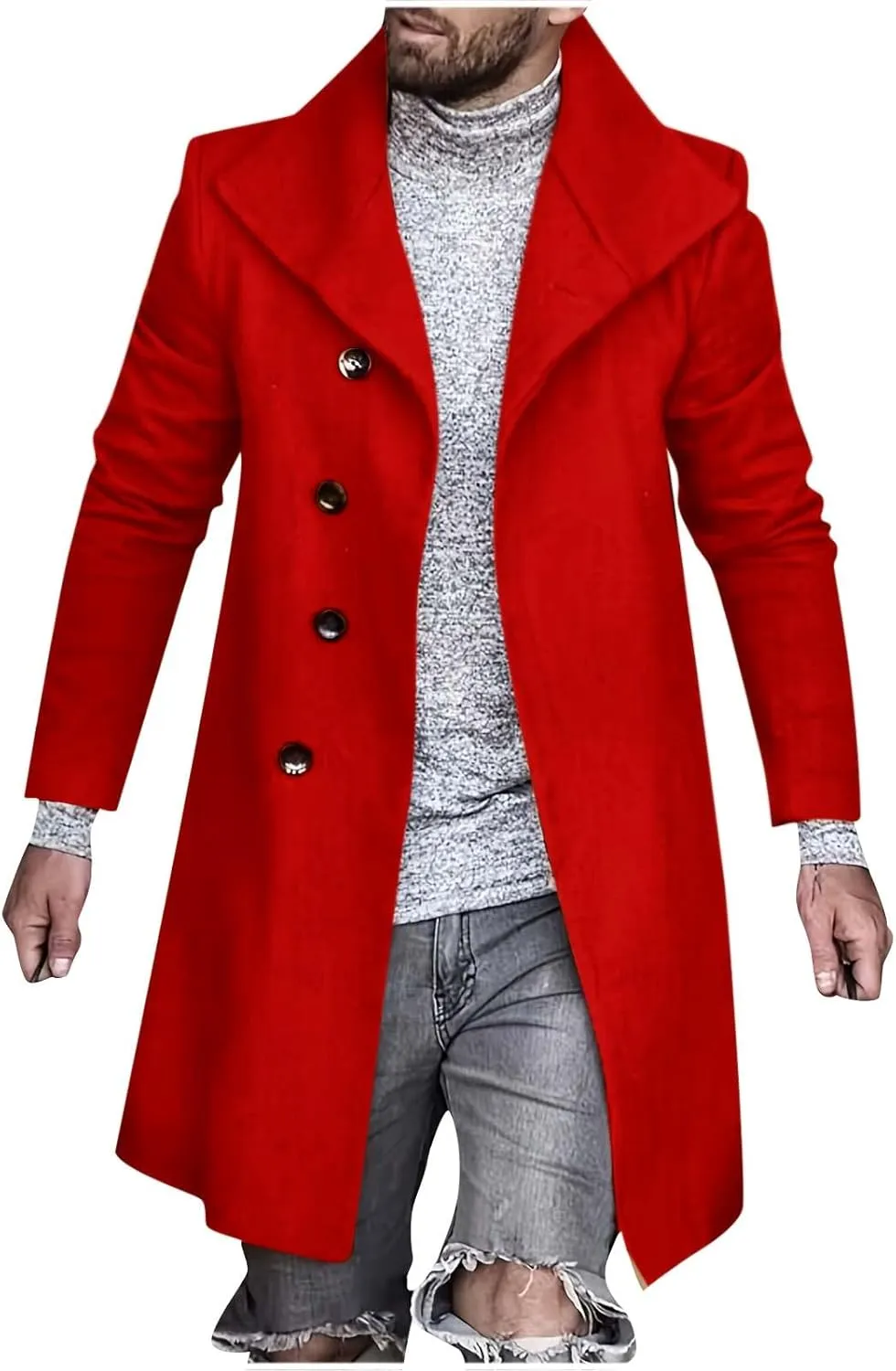 Men's Single Breasted Trench Coat Slim Fit Lapel Cardigan Coat Winter Warm Business Casual Long Jacket Overcoat