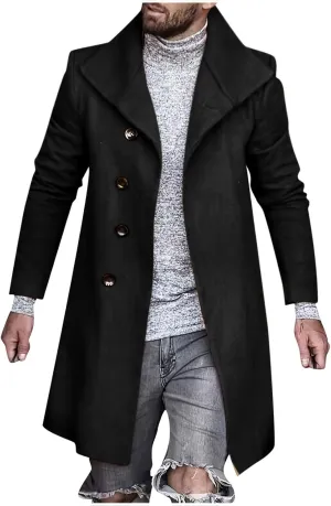 Men's Single Breasted Trench Coat Slim Fit Lapel Cardigan Coat Winter Warm Business Casual Long Jacket Overcoat