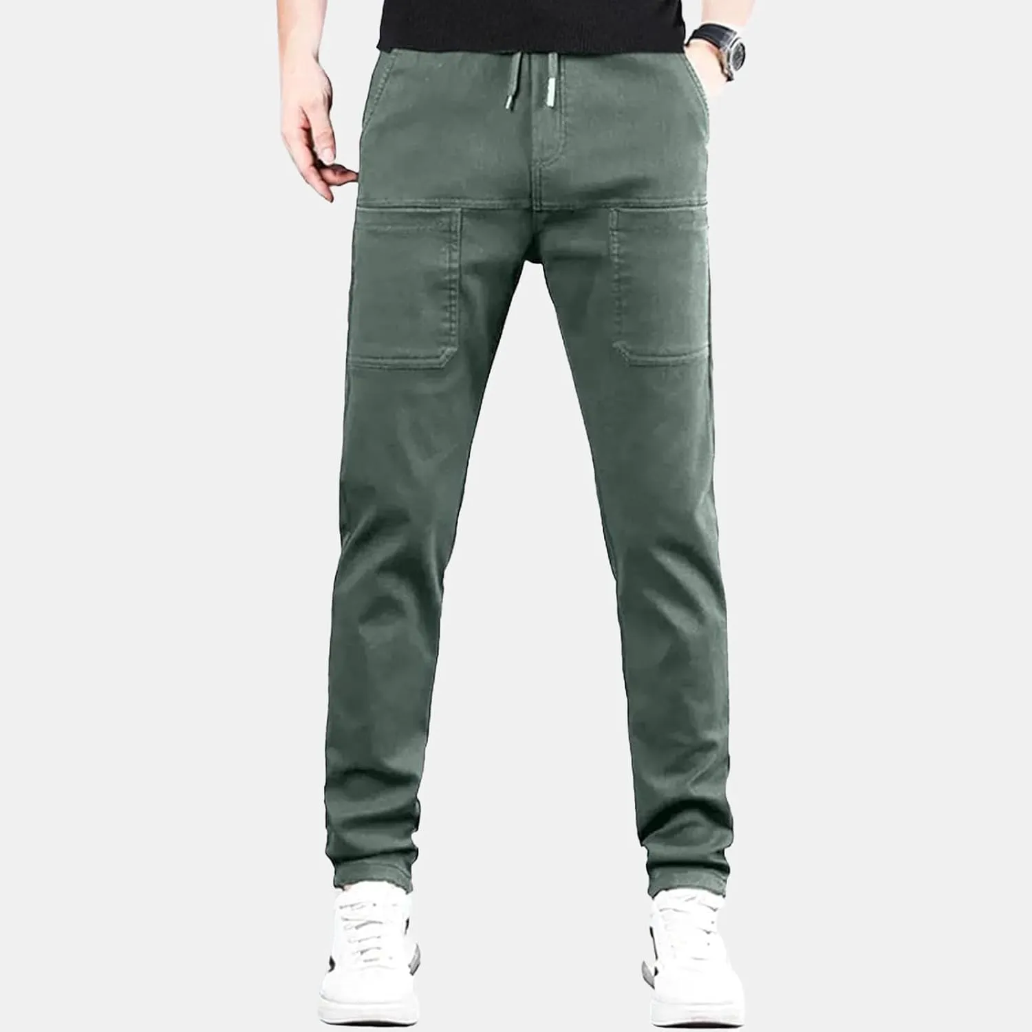 Mens Stretch Cargo Pants Straight Leg Slim Fit Multi Pockets Trousers Elastic Waist Casual Sweatpants High Stretchy