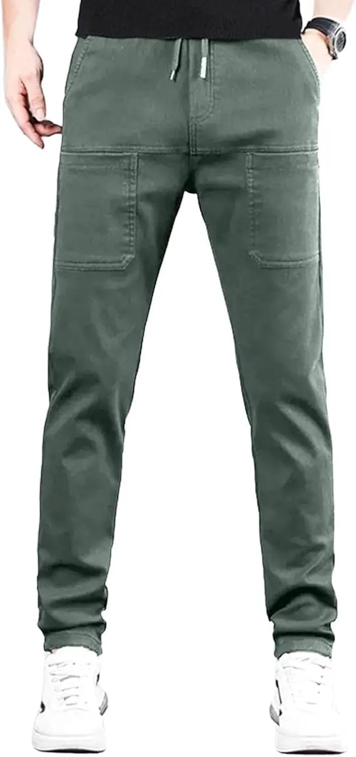 Mens Stretch Cargo Pants Straight Leg Slim Fit Multi Pockets Trousers Elastic Waist Casual Sweatpants High Stretchy