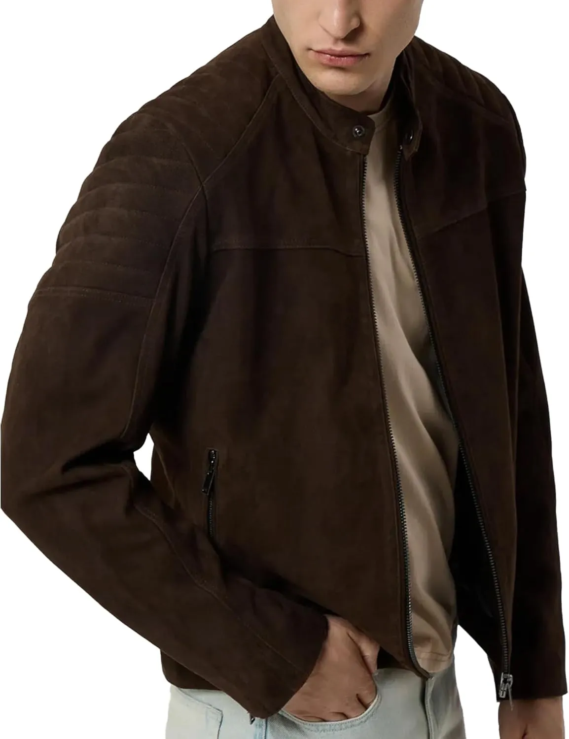 Mens Suede Cafe Racer Jacket - Slim Fit Real Lambskin Suede Leather Motorcycle Jacket Men