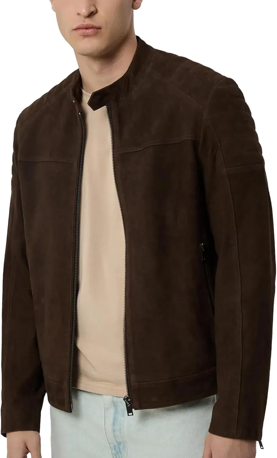 Mens Suede Cafe Racer Jacket - Slim Fit Real Lambskin Suede Leather Motorcycle Jacket Men