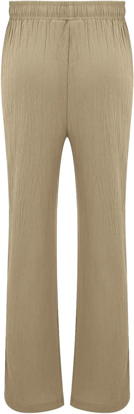 Mens Wide Leg Drawstring Pants Loose Linen Summer Beach Vacation Pants Lightweight Elastic Waist Yoga Lounge Trousers
