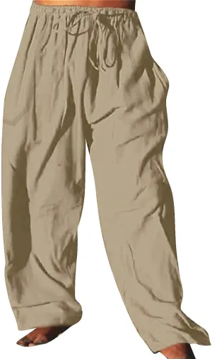 Mens Wide Leg Drawstring Pants Loose Linen Summer Beach Vacation Pants Lightweight Elastic Waist Yoga Lounge Trousers
