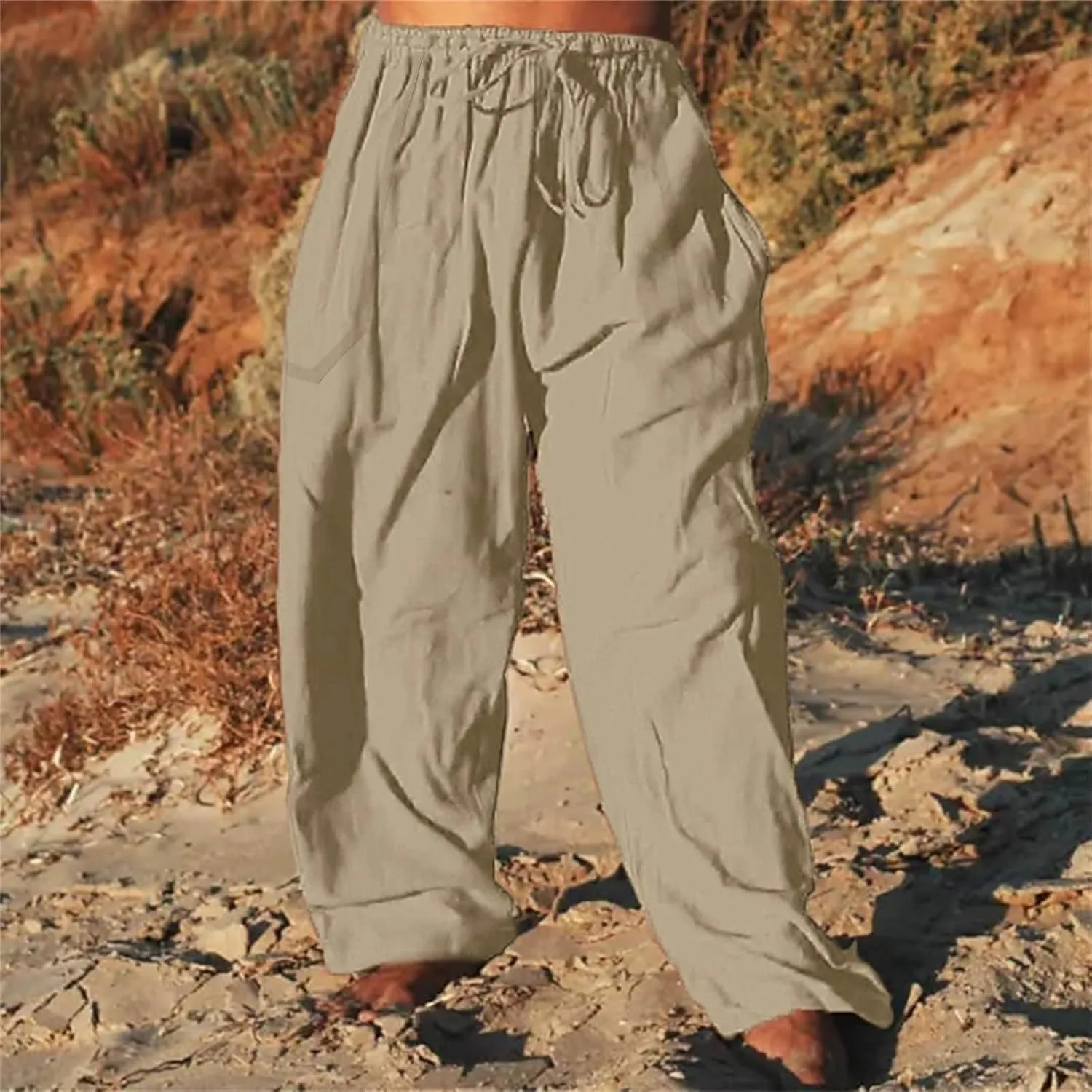 Mens Wide Leg Drawstring Pants Loose Linen Summer Beach Vacation Pants Lightweight Elastic Waist Yoga Lounge Trousers