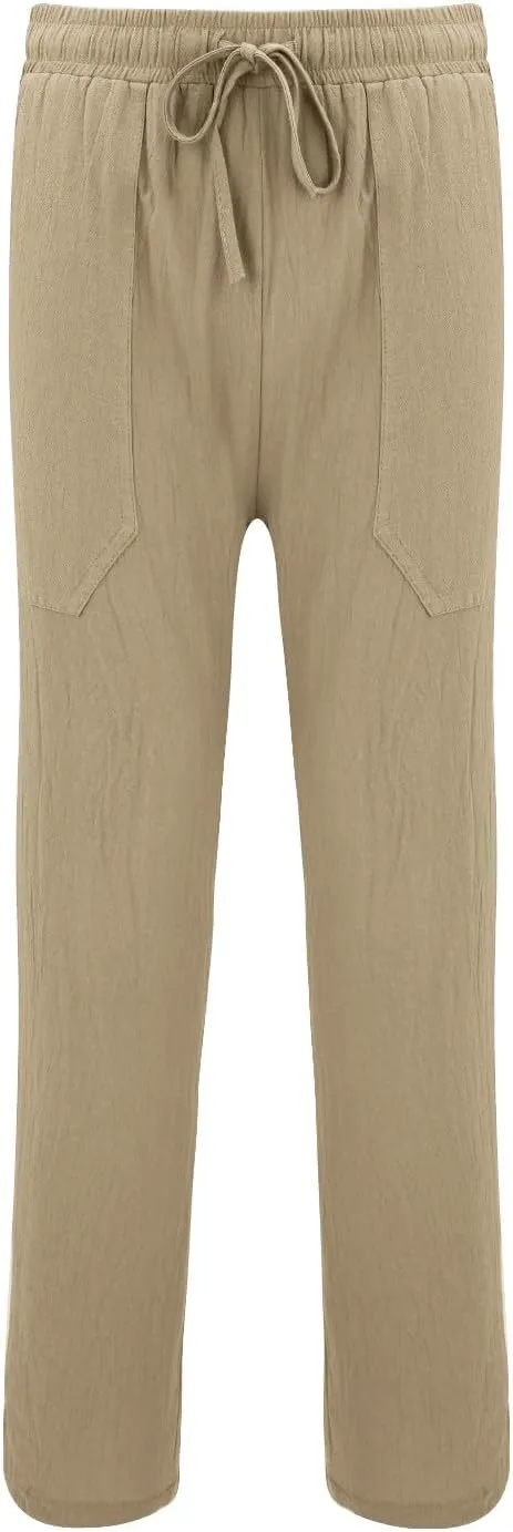 Mens Wide Leg Drawstring Pants Loose Linen Summer Beach Vacation Pants Lightweight Elastic Waist Yoga Lounge Trousers