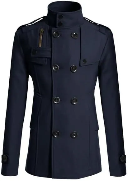 Men's Winter Double Breasted Notch Lapel Trench Coat Stand Collar Pea Coats with Pockets