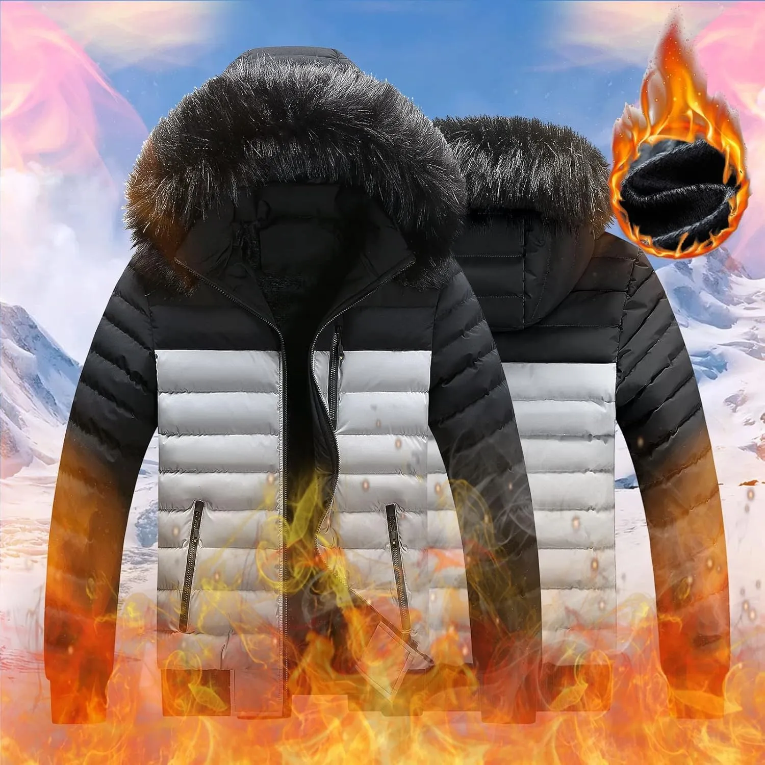 Mens Winter Jacket Warm Down Jacket Full Zip Puffer Jacket Quilted Insulated Jacket with Hood for Business