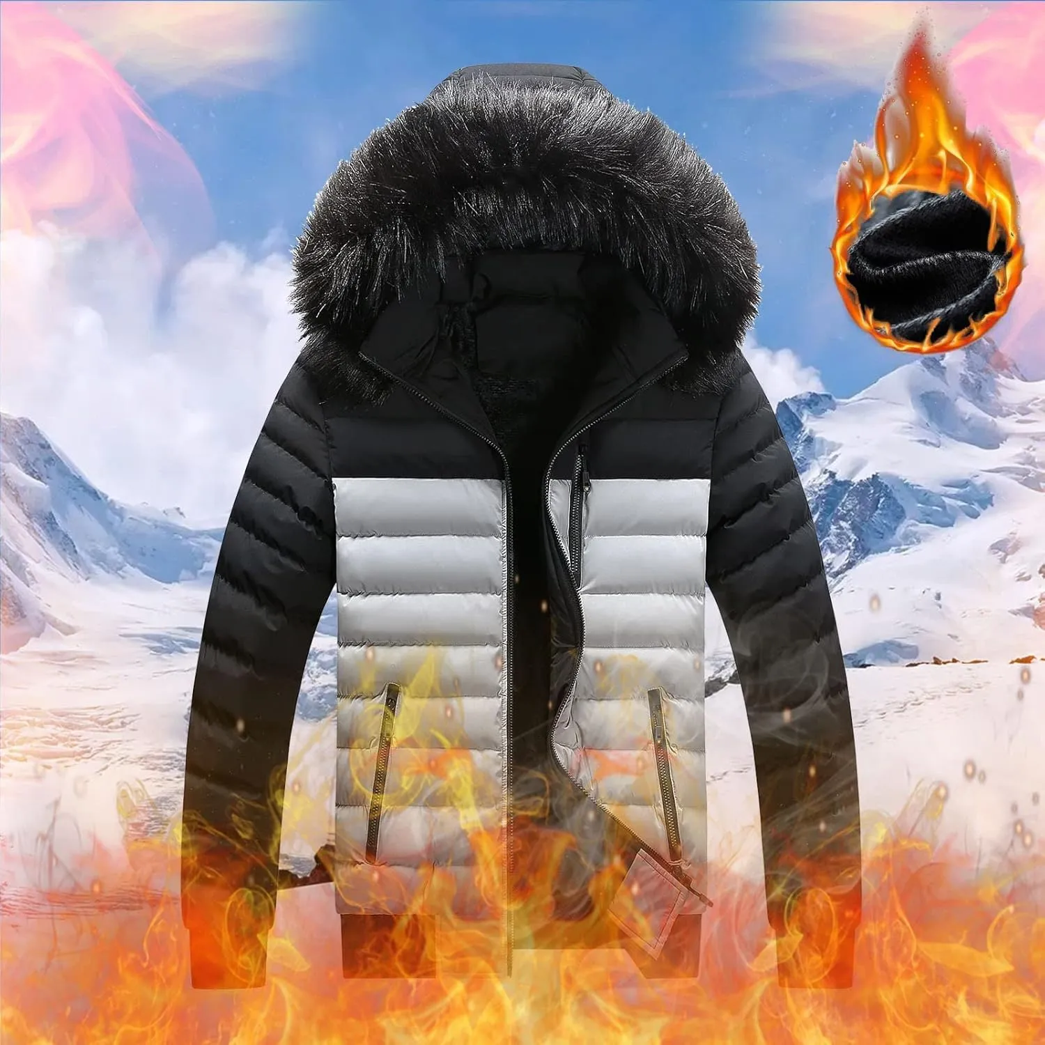 Mens Winter Jacket Warm Down Jacket Full Zip Puffer Jacket Quilted Insulated Jacket with Hood for Business