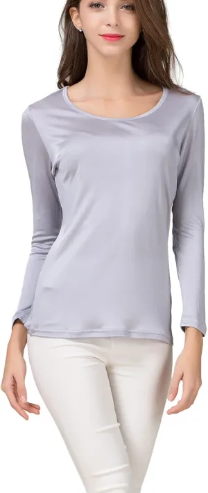 METWAY Women's Mulberry Silk T-Shirt Long Sleeve Pure Silk tee Shirt/Crew Neck Silk Blouse Undershirt