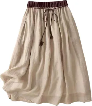 Midi Skirts for Women Cotton Linen Drawstring Elastic Waist Pleated Ruffle Skirt Summer Solid Knee Length Midi Skirt