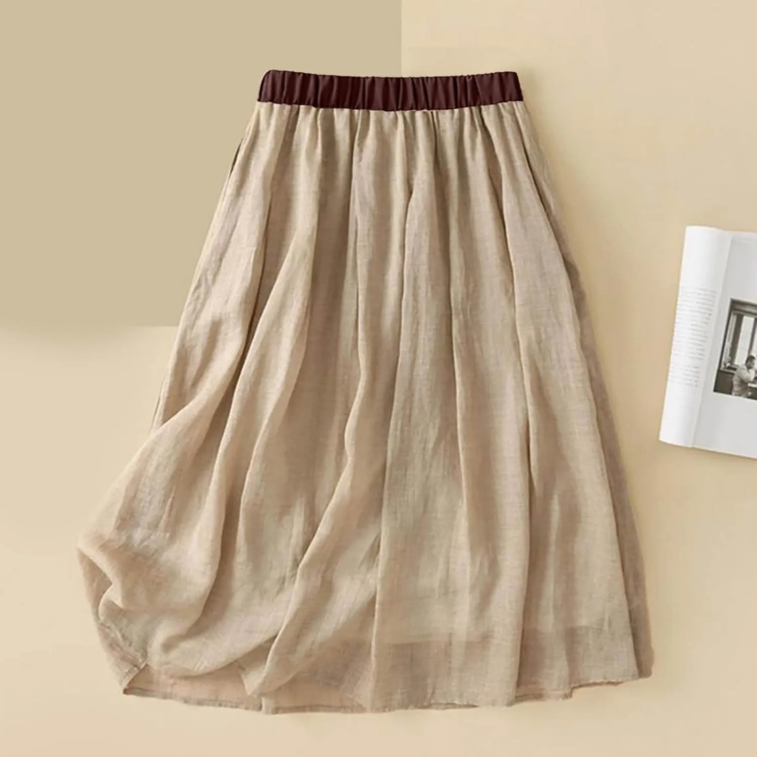 Midi Skirts for Women Cotton Linen Drawstring Elastic Waist Pleated Ruffle Skirt Summer Solid Knee Length Midi Skirt