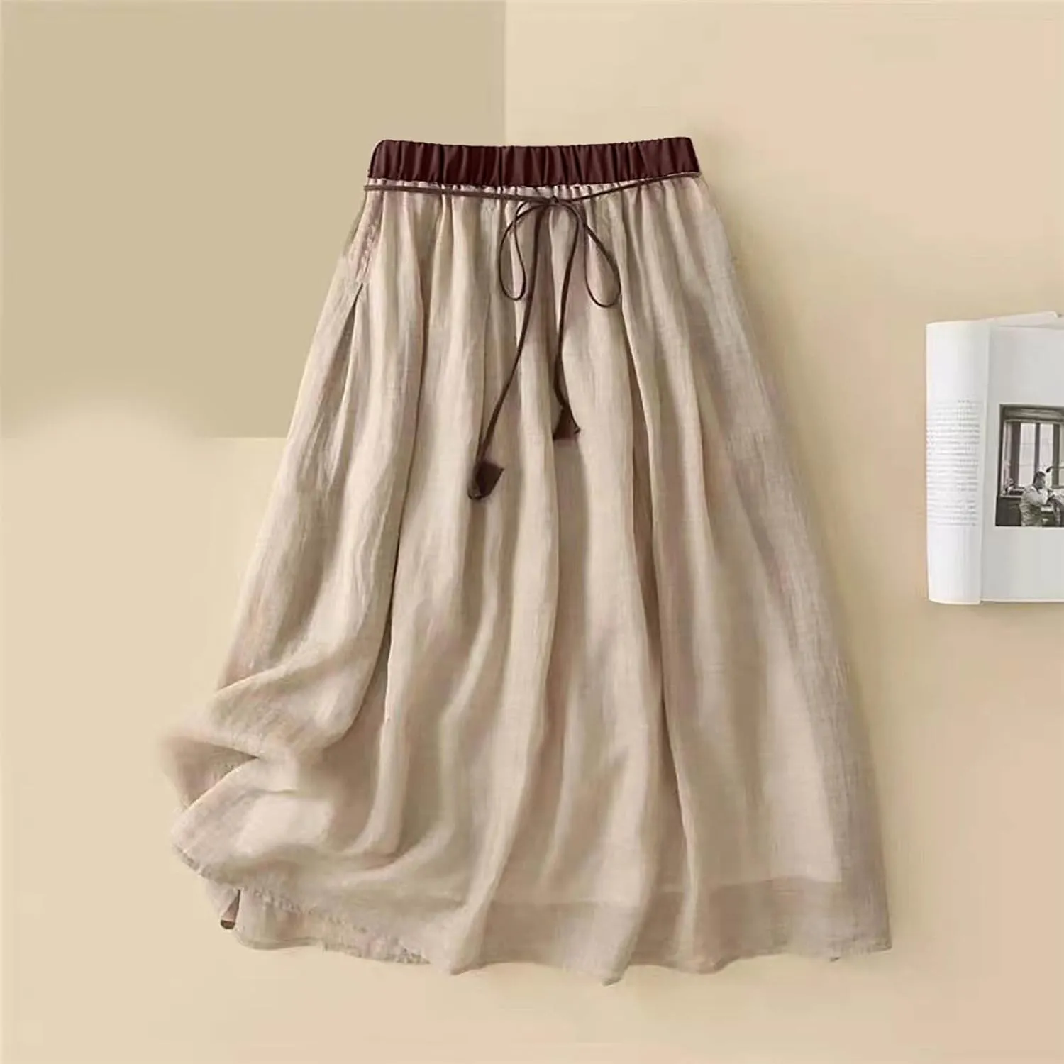 Midi Skirts for Women Cotton Linen Drawstring Elastic Waist Pleated Ruffle Skirt Summer Solid Knee Length Midi Skirt