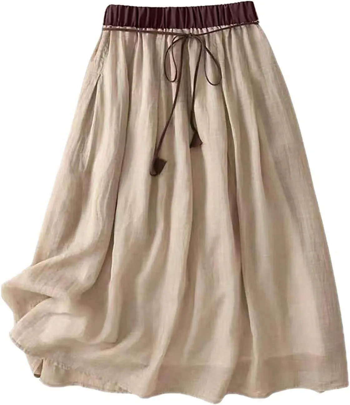 Midi Skirts for Women Cotton Linen Drawstring Elastic Waist Pleated Ruffle Skirt Summer Solid Knee Length Midi Skirt