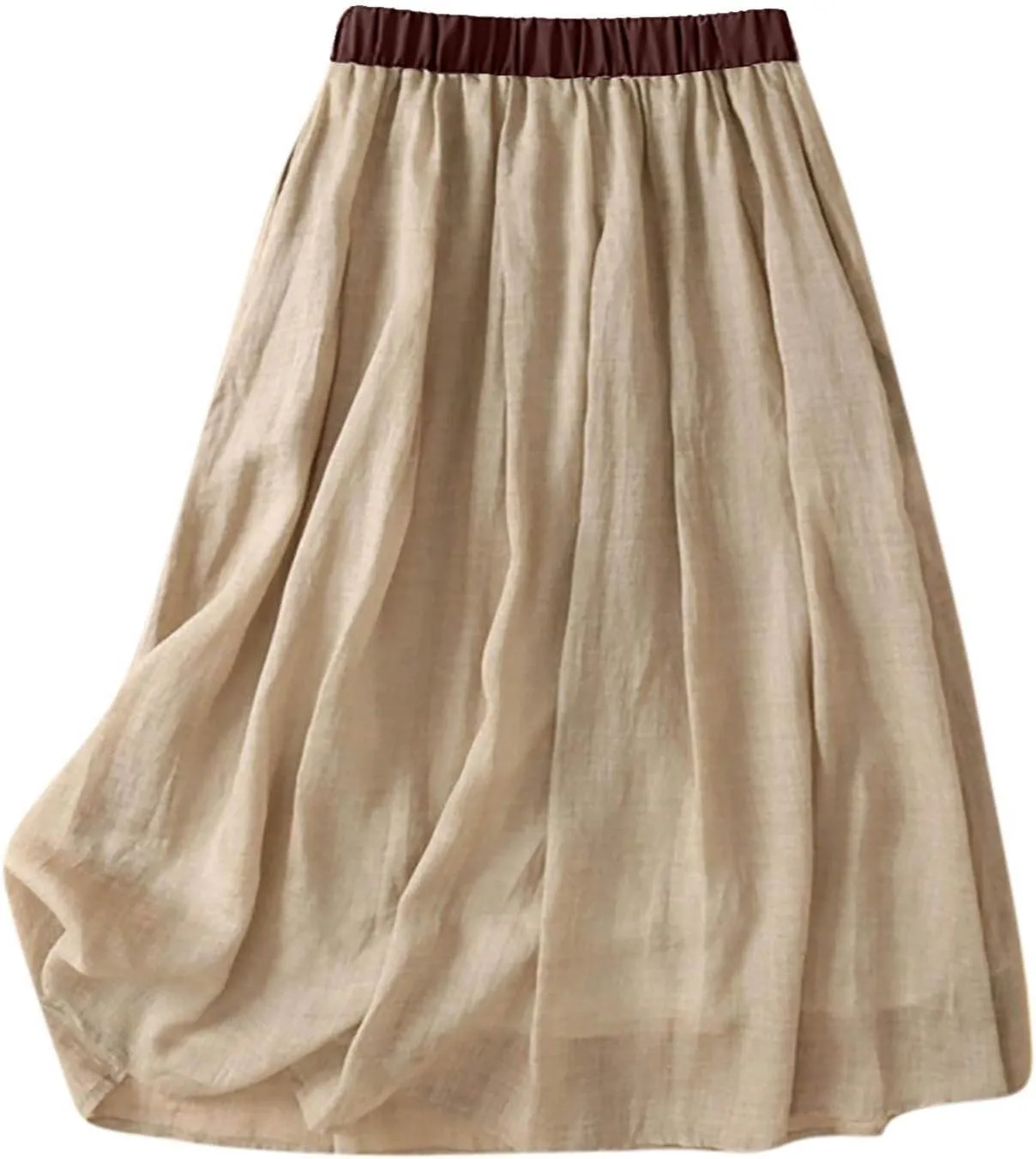 Midi Skirts for Women Cotton Linen Drawstring Elastic Waist Pleated Ruffle Skirt Summer Solid Knee Length Midi Skirt