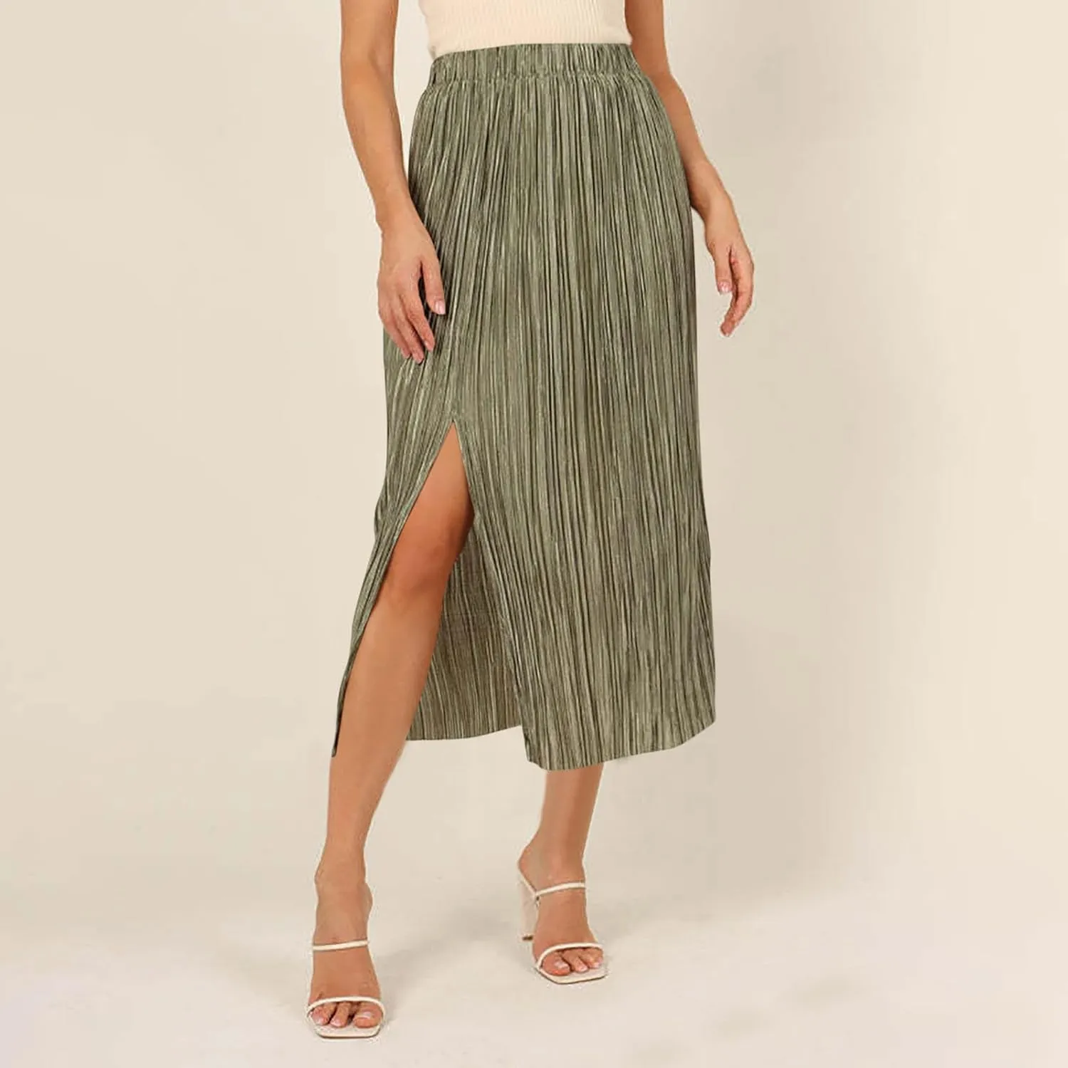 Midi Skirts for Women Split Hem Elastic Waist Long Skirt Casual Solid Color Summer Boho Dress A Line Thigh Dresses