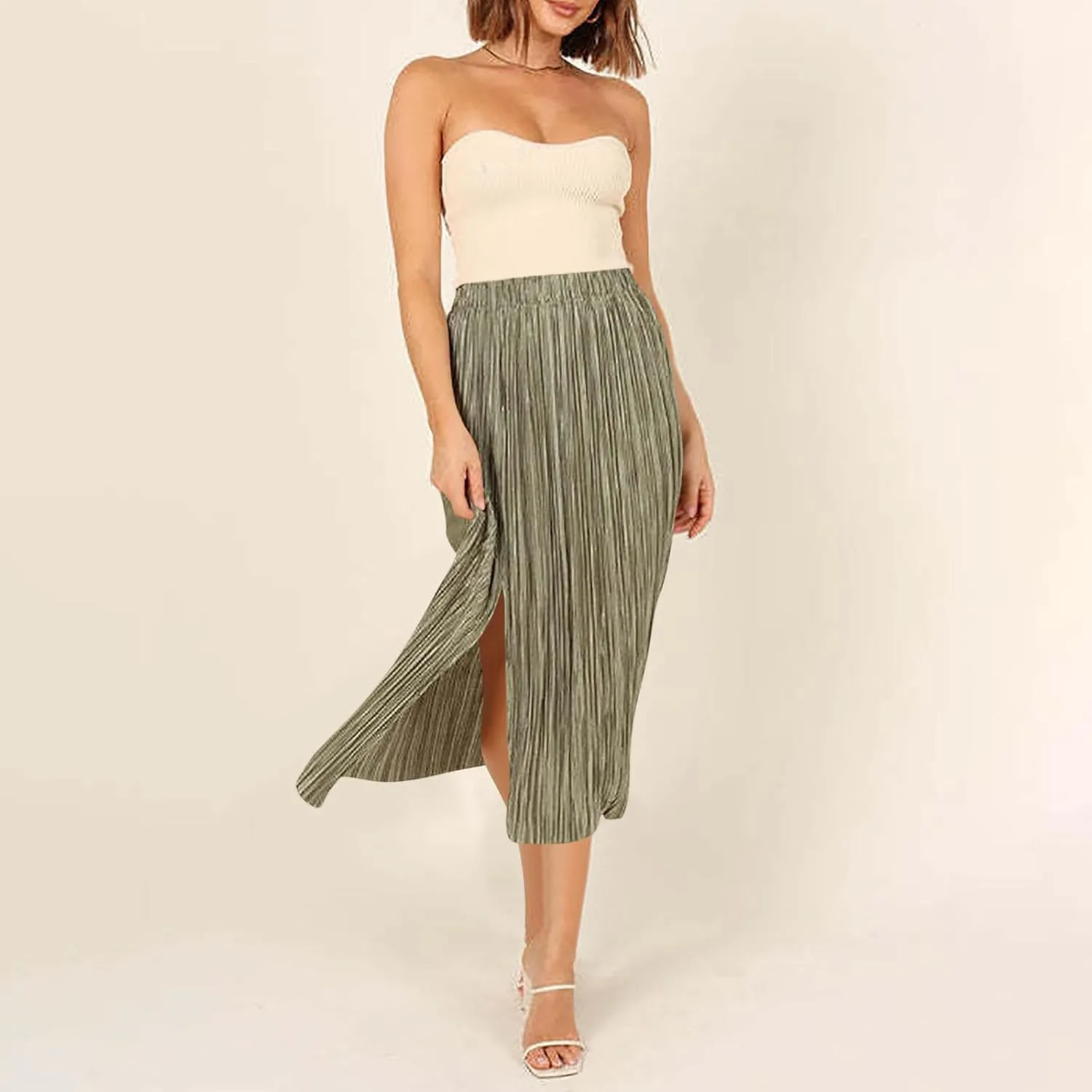 Midi Skirts for Women Split Hem Elastic Waist Long Skirt Casual Solid Color Summer Boho Dress A Line Thigh Dresses