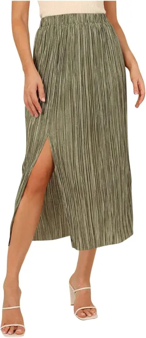 Midi Skirts for Women Split Hem Elastic Waist Long Skirt Casual Solid Color Summer Boho Dress A Line Thigh Dresses