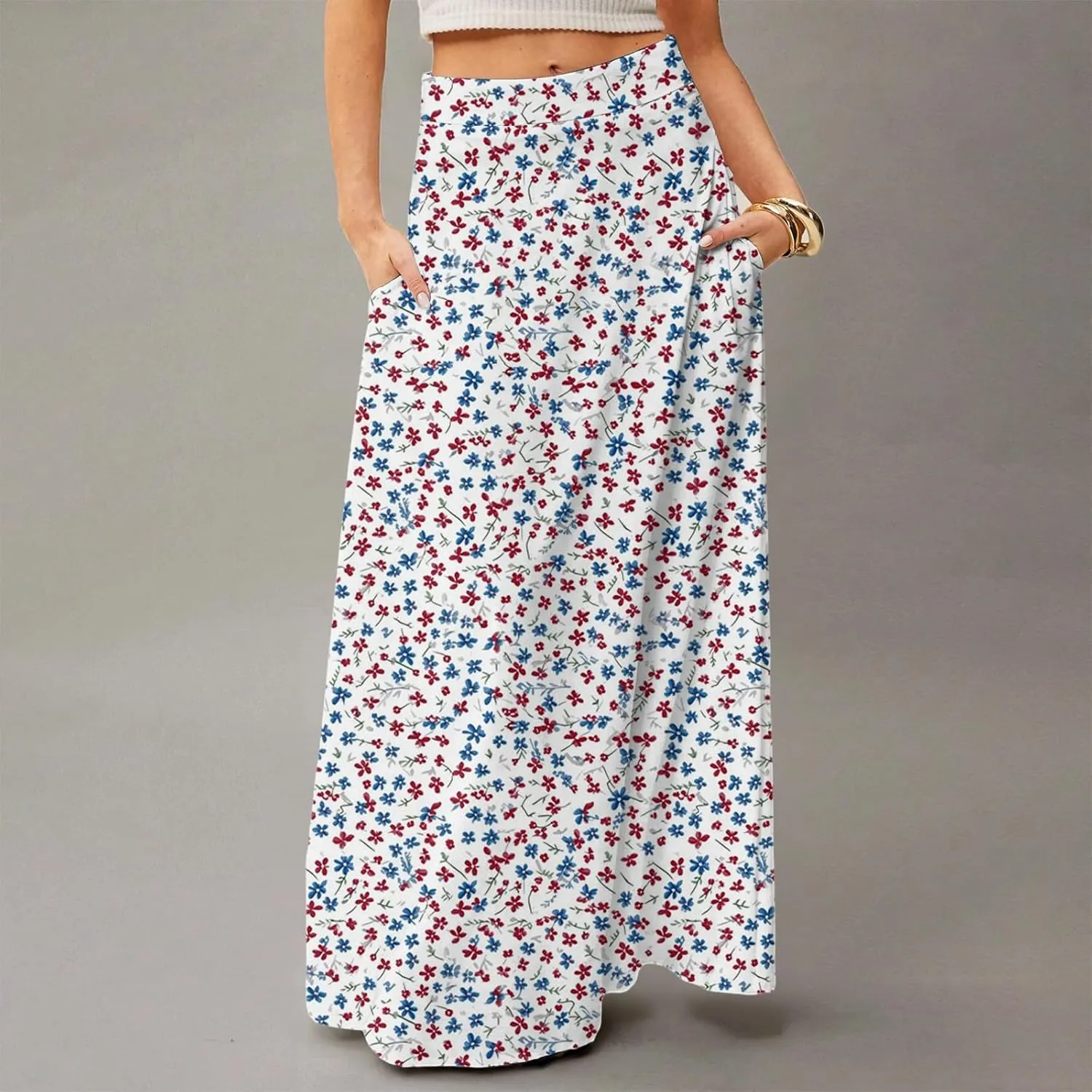 Midi Skirts for Women Summer High Waisted Pleated A-Line Swing Floral Long with Pockets