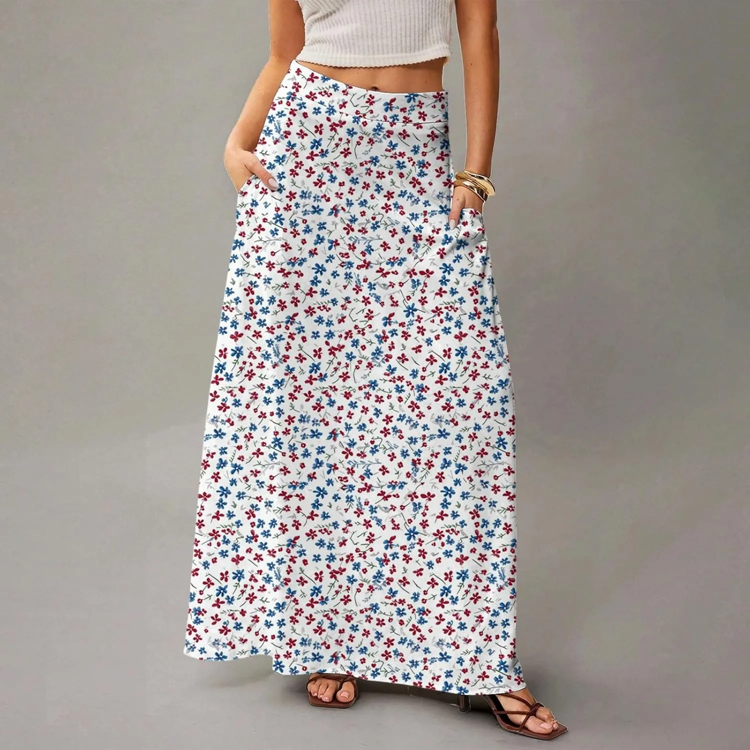 Midi Skirts for Women Summer High Waisted Pleated A-Line Swing Floral Long with Pockets