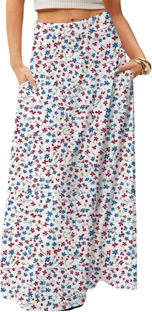 Midi Skirts for Women Summer High Waisted Pleated A-Line Swing Floral Long with Pockets