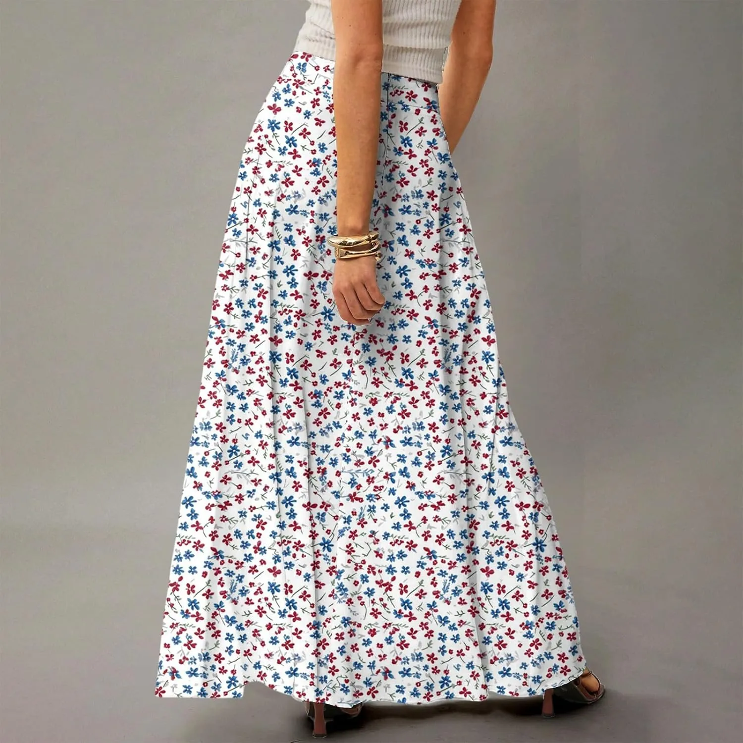 Midi Skirts for Women Summer High Waisted Pleated A-Line Swing Floral Long with Pockets
