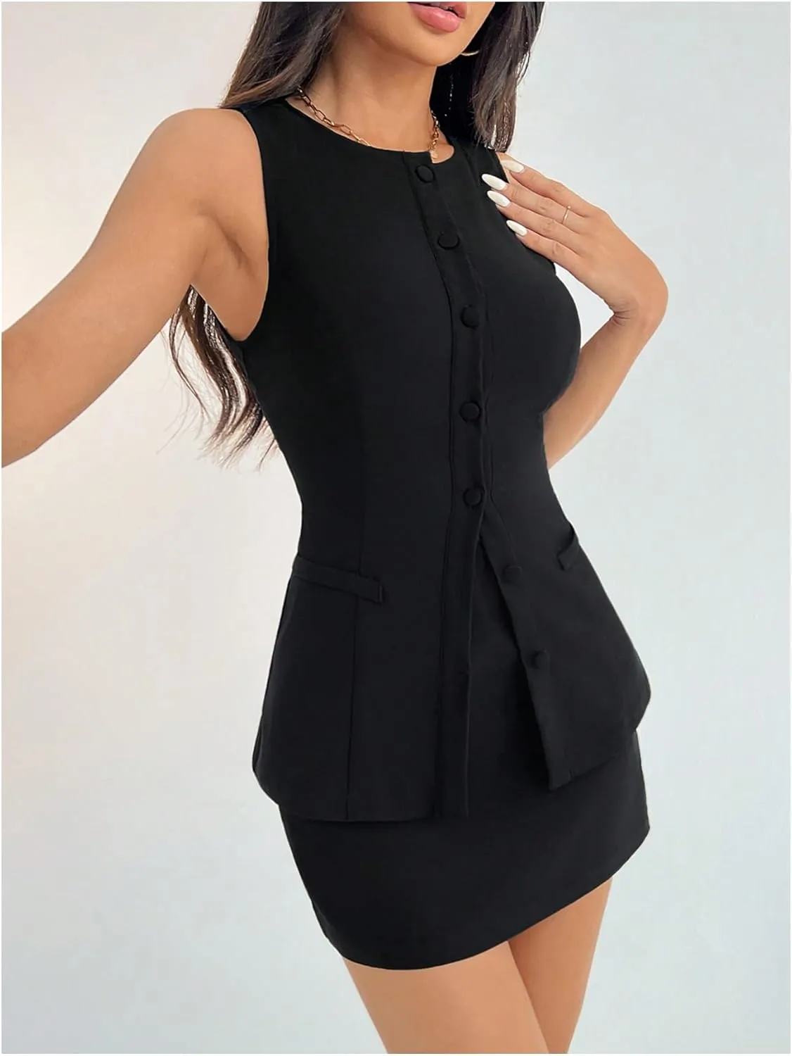 Milumia Women's 2 Piece Outfit Sleeveless Button Vest Top Skirt Sets