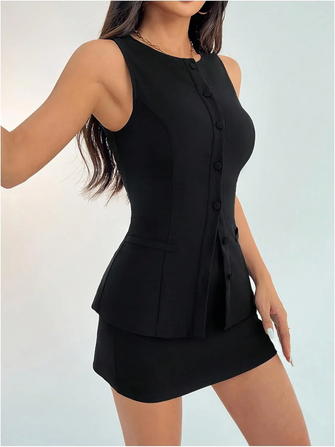 Milumia Women's 2 Piece Outfit Sleeveless Button Vest Top Skirt Sets