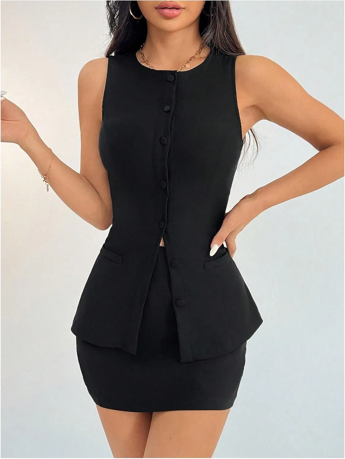 Milumia Women's 2 Piece Outfit Sleeveless Button Vest Top Skirt Sets