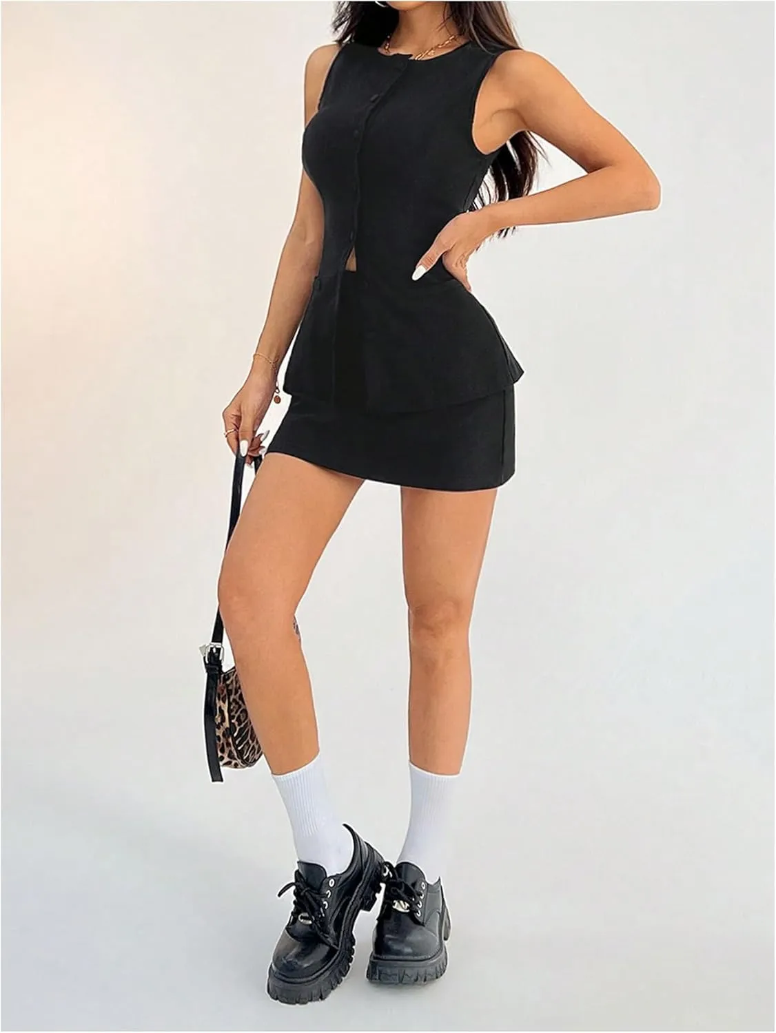 Milumia Women's 2 Piece Outfit Sleeveless Button Vest Top Skirt Sets