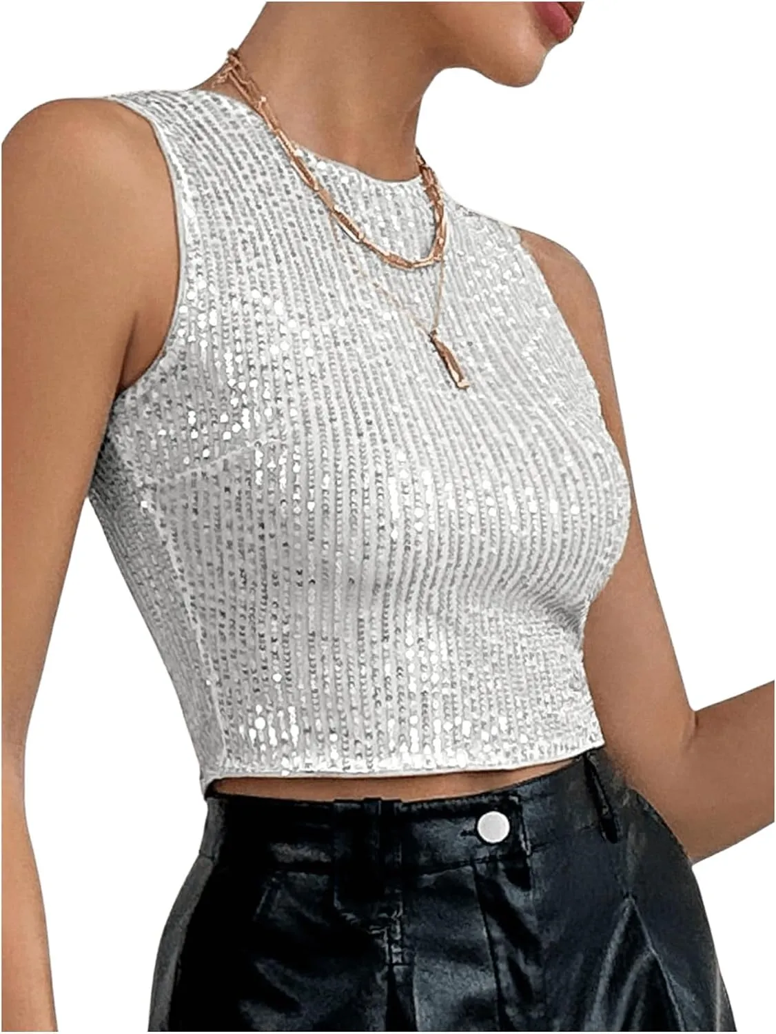 Milumia Women's Sparkly Sequin Crop Tank Top Sleveless Going Out Tops