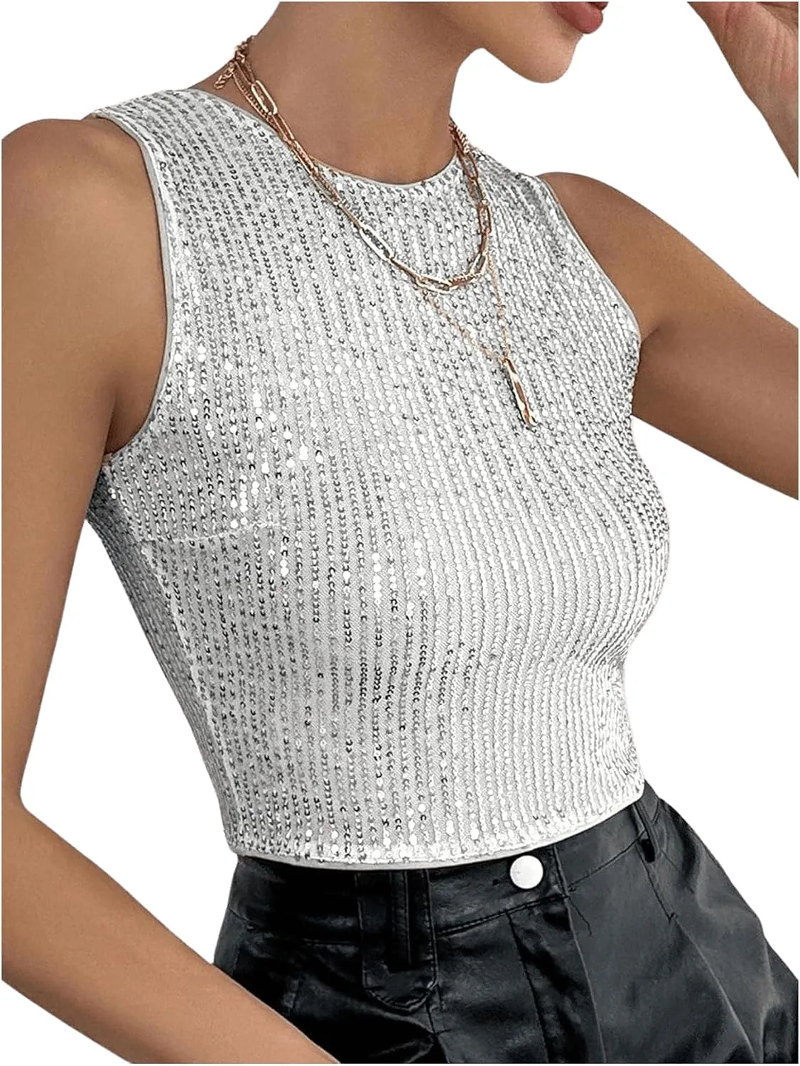Milumia Women's Sparkly Sequin Crop Tank Top Sleveless Going Out Tops