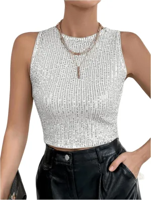 Milumia Women's Sparkly Sequin Crop Tank Top Sleveless Going Out Tops