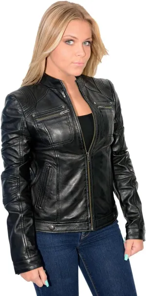 Milwaukee Leather SFL2800 Women's Racer Black Stand Up Collar Motorcycle Fashion Leather Jacket