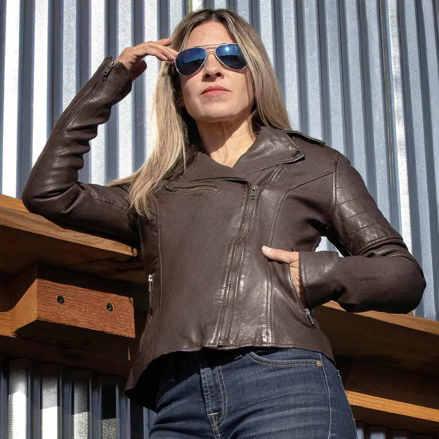 Milwaukee Leather SFL2812 Brown Vintage Motorcycle Inspired Leather Jacket for Women - Veg-Tan Fashion Jacket