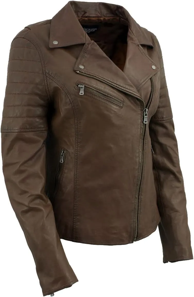 Milwaukee Leather SFL2812 Brown Vintage Motorcycle Inspired Leather Jacket for Women - Veg-Tan Fashion Jacket